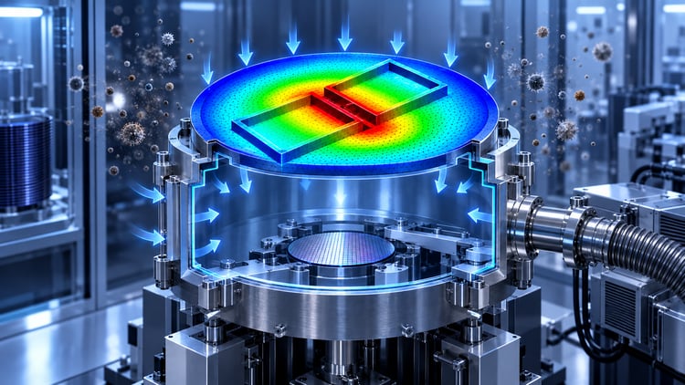 Semiconductor transfer chamber with vacuum pressure and FEA stress analysis.