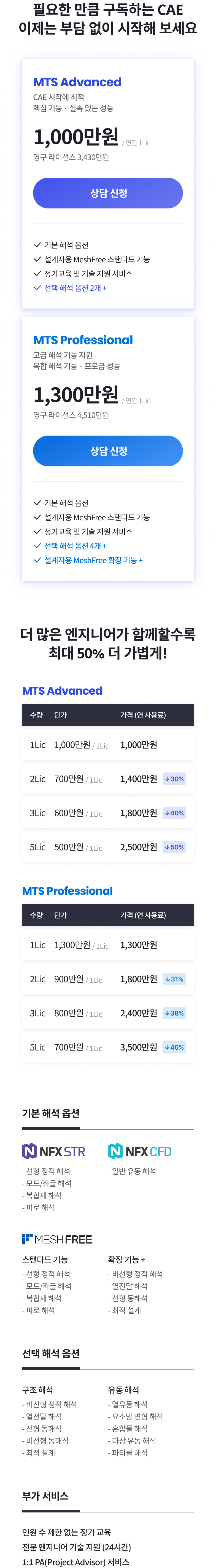 MTS Advanced 및 MTS Professional CAE 구독 플랜 비교(연간 라이선스, 영구 라이선스, 해석 기능, 선택 옵션, MeshFree 기능, 교육 및 기술지원 포함) 안내 이미지